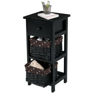 GIANTEX Table de Chevet en Bois avec 1 Tiroir+2 Paniers D&eacute;tachables en OsierTable de Nuit Table d&rsquo;Appoint pour Chambre/SalonNoir