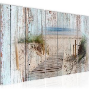 Runa art Tableau Décoration Murale Planches de Bois Plage 200x80 cm - 5 Panneaux Deco Toile Prêt à Accrocher 606155a