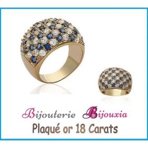 Bague large empierrée pavé ZIRCONIUM Bleu & Blanc Plaqué or 18CARATS - Femme