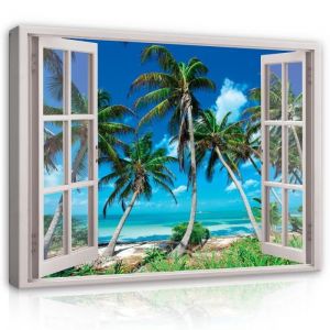 Impression sur Toile Fenêtre Plage Mer Palmiers 120x80 cm XXL Tableau Décoration Murale Intissée pour Salon Chambre pret a accroche