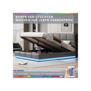 Lit coffre 180x200 cm Lit double 2 personnes avec éclairage LED et élévation hydraulique lit de rangement simili cuir gris