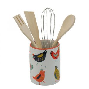 Pot en céramique avec ses Ustensiles de Cuisine - décor Poules Blédine