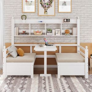 Lit Combine Canapé-Lit Bois Massif 90x200 cm - 2 en 1 Bureau + Rangement Coussins - Blanc