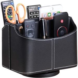Support de télécommande en cuir synthétique rotatif à 360 degrés pour manettes médias papeterie table de chevet - Noir