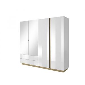 Armoire Chambre penderie et &eacute;tag&egrave;res 4 portes 2 tiroirs miroir 220cm - BRYCE - Blanc brillant
