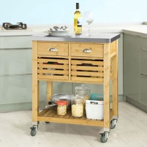 SoBuy Desserte de Cuisine en Bambou sur Roulettes avec Plateau en Acier Inox Antitrace 2 Tiroirs et 2 Paniers 73x46x93cm