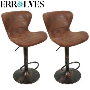 Tabouret de Bar Industriel R&eacute;glable en Hauteur - ERROLVES - Lot de 2 - Marron Vintage - Cuir et Fer