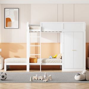 Lit superposé - Blanc - 90x200 cm - Armoire intégrée - Escalier de sécurité - 2 places