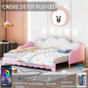 Lit fille gigogne 90/180x190cm avec éclairage LEDLit extensible rembourré avec sommier à lattesLit doubleTissu+métal+ MDFRose