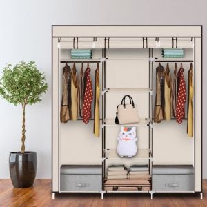 Armoire de rangement en Tissu intissé avec Barre de Suspension 5 Couches 9 compartiments 150 * 45 * 175 - Beige