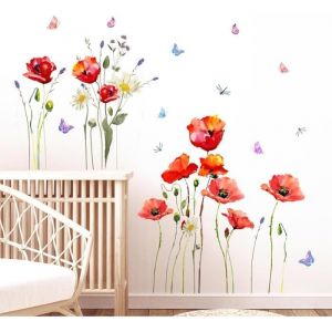 Coquelicots Rouges Stickers MurauxPapillon Floral Aquarelle Stickers Mural Auto-adh&eacute;sives et Amovibles Autocollants Muraux Salon