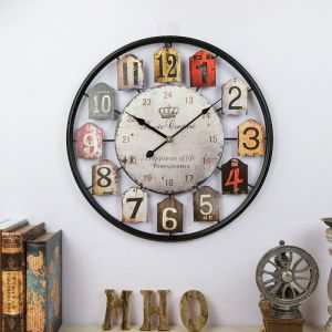 Horloge Murale Ronde 50 cm Horloge Murale Rétro en Fer Forgé Silencieuse Fonctionnement à Piles Noire Brune