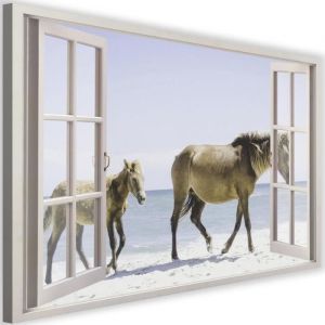 Tableau Décoration Murale Fenetre Chevaux Plage Mer 90x40 cm Impression sur Toile Paysage Animaux Motifs Uniques pour salon