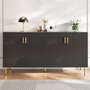 Buffet Cuisine Noir avec 4 Portes Buffet Bas Salle a Manger Design Unique en VaguesPoignées et Pieds Dorés 152 x 40 x 75 cm