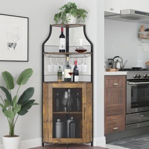Meuble Bar Dangle Avec Casier &Agrave; Vin Amovible Armoire &Agrave; Vin Industrielle Avec Porte-Verres Et Porte Grillag&eacute;e 47x13x155cm Brun
