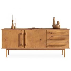 Buffet TECCA L 170 cm 2 Portes 3 Tiroirs en Bois Massif Coloris Ch&ecirc;ne avec &Eacute;tag&egrave;res R&eacute;glables Deux compartiments