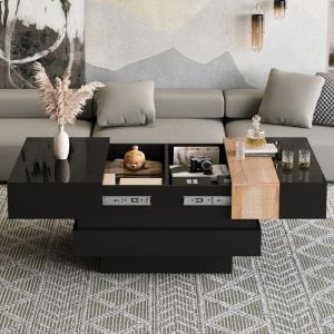 Table basse carr&eacute;e extensible - 70x70x39 cm - Espace de rangement cach&eacute; - Design bicolore - Noir