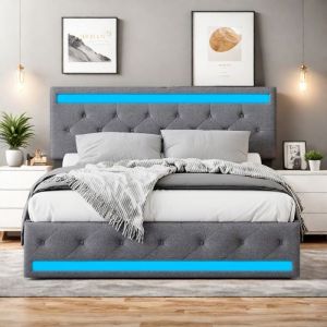 Lit 140x190 cm - Cadre de lit double 140x190 cm - 4 tiroirs - Tissu en lin - Lit adulte avec LED et USB - Lit 2 Personnes