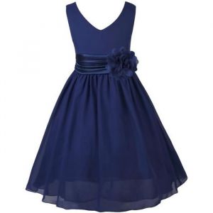 Robe de Cérémonie Fille Enfant Pétale Mousseline Robe Mariage Demoiselle dhonneur 2-14 Ans Bleu marine