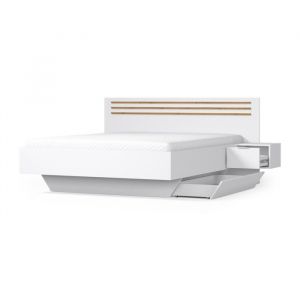 Pack lit FLORENCE &ndash; 160x200 cm &ndash; Avec sommier + 2 tiroirs &ndash; Chevets int&eacute;gr&eacute;s &ndash; Blanc et ch&ecirc;ne