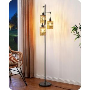 Lampadaire Sur Pied Salon Avec Abat-Jour En Corde Tissée Dimmable En Continu Par Bouton Rotatif 3 Ampoules Led 4W De 2700K Blanc