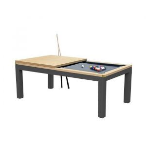 Table de billard transformable en table &agrave; manger 7ft - Bois et pieds noirs - Gris