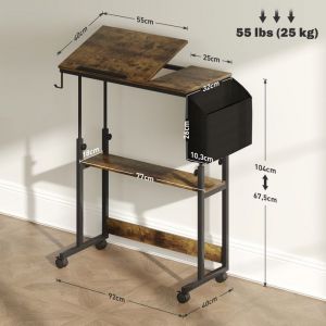 Bureau réglable en hauteur 92 x 40 cm table dordinateur avec roulettes plate-forme inclinable sac de rangement pour bureau