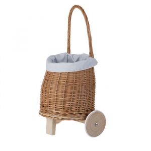 Chariot de courses - Non sp&eacute;cifi&eacute; - En osier naturel - Tissu bleu - Pour enfants - Dimensions 22x17 cm