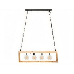 Suspension style industriel caisse rectangulaire en bois OLIUS - bois et m&eacute;tal -4 lampes - H. 31 x L.100 cm - naturel et noir