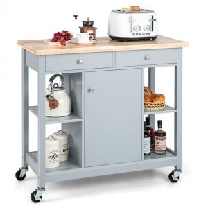 GIANTEX Desserte de Cuisine &agrave; Roulettes Plateau en Bois dH&eacute;v&eacute;a 2 Tiroirs &Eacute;tag&egrave;res r&eacute;glables Armoire &agrave; Porte 99x46x90cm Gris