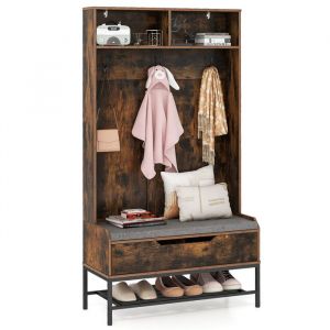 Porte-manteau 4 en 1 COSTWAY-170 cm avec Banc et Coussin-Compartiment Ouvert-Crochet-Rangement à Chaussure-Marron Rustique
