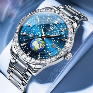 Montre homme de luxe cadran étoilé terre affichage du calendrier diamant étanche lumineux bracelet en acier