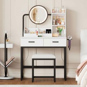 Coiffeuse- 80cm - Miroir LED Rotatif & Prise Intégrée - Table de Maquillage avec Tabouret et Rangement - Blanc & Argent