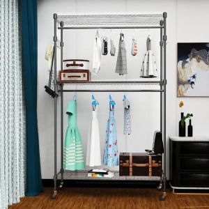 Portant Double avec étagères Réglables en Hauteur HOMDOX Portant avec 2 Crochets Rails à Vêtements avec Roues 60X42X205cm Gris