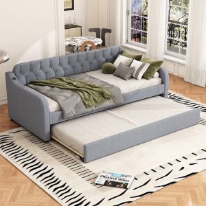 Lit gigogne adulte 90 x 200cm Canapé lit extensible Lit rembourré lin avec Port USB et Sommier à Lattes - gris