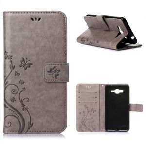 TUTUWEN Pour Samsung Galaxy Grand Prime SM-G530fz SM-G531f Coque Housse &Eacute;tui &agrave; rabat Neuf Fleur Papillon PU Cuir Protection - Gris