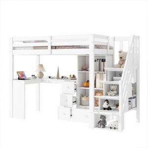 O.Ye Lit Mezzanine 90x200 cm Sans Matelas Blanc Avec Rampe Bureau Tiroirs Rangement Ouvert &Eacute;chelle Escamotable &Eacute;tager LIT MEZZANINE