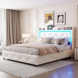 Lit Coffre 160x200 avec LED Lit Rembourré avec USB et Type-C Cadre de lit avec Rangement Lit Double Lit Capitonné PU Blanc