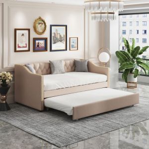 Lit Gigogne 90x200 cm avec Roulettes Cadre de Lit Structure Lit Banquette Lit de Repos Lit Gigogne Canapé-lit en Lin Beige