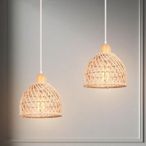 Lot de 2 Suspension Luminaire en Bambou Tress&eacute;e Lampe Suspendue Boho Style Int&eacute;rieur Lustre Salon en Rotin Vintage Bois - SMOTOP