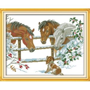 Point de Croix Kit Complet Pré Imprimé Curieux de Trois Chevaux 14ct Estampé Broderie 51x42 cm Estampillé