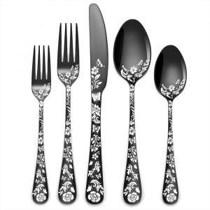30Pi&egrave;ces M&eacute;nag&egrave;re Noire en acier inoxydable Couvert de table pour 6 personnes motif floral pour la maison et le restaurant