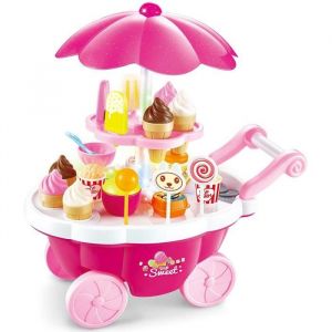 39 Pi&egrave;ces Chariot de Cr&egrave;me Glac&eacute;e Cuisine Enfant Jouet Marchande - Lumi&egrave;re et Son - Cadeau Noel pour Fille - Rose