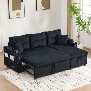 Canap&eacute; 3 places moderne noir velours c&ocirc;tel&eacute; rangement porte-gobelets et port USB-C. M&eacute;ridienne hydraulique et lit escamotable.