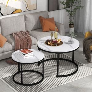 Tables Basses Gigognes Ronde Plateau MDF et Pièds en Métal Style Scandinave Lot de 2 Table de Salon Bout de Canapé Robuste Blanc