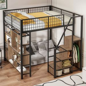 Lit mezzanine 140 x 200 cm lit en métal avec rangements étagères et escalier lit multifonctionnel pour adultes et enfants noir