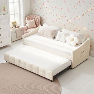 Lit Banquette Gigogne - Nov&eacute;lys - 90x200cm - Canap&eacute;-lit Extensible avec Tiroir-lit Poches de Rangement - Velours Beige