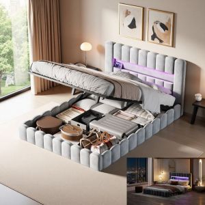 Lit Double Capitonn&eacute; 180x200 cm Hydraulique rangement lit avec 2 USB et LED cadre de lit avec cadre en m&eacute;tal Velours Gris