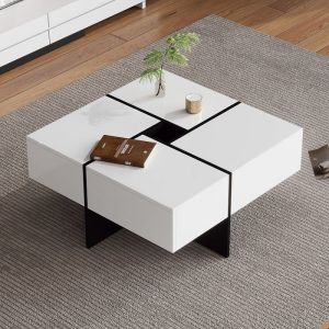 Table Basse De Salon Blanche Scandinave Avec 4 Tiroirs Table De Salle À Manger Meuble De Télé En Bois 70 * 70 * 35 Cm