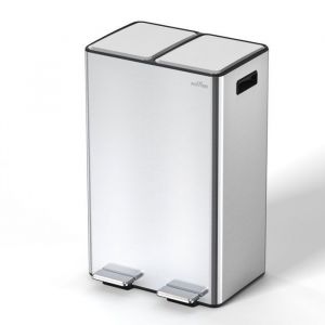 mVm Poubelle de cuisine double 60L &agrave; p&eacute;dale en acier inoxydable，Couvercle en plastique avec surface en inox， Argent